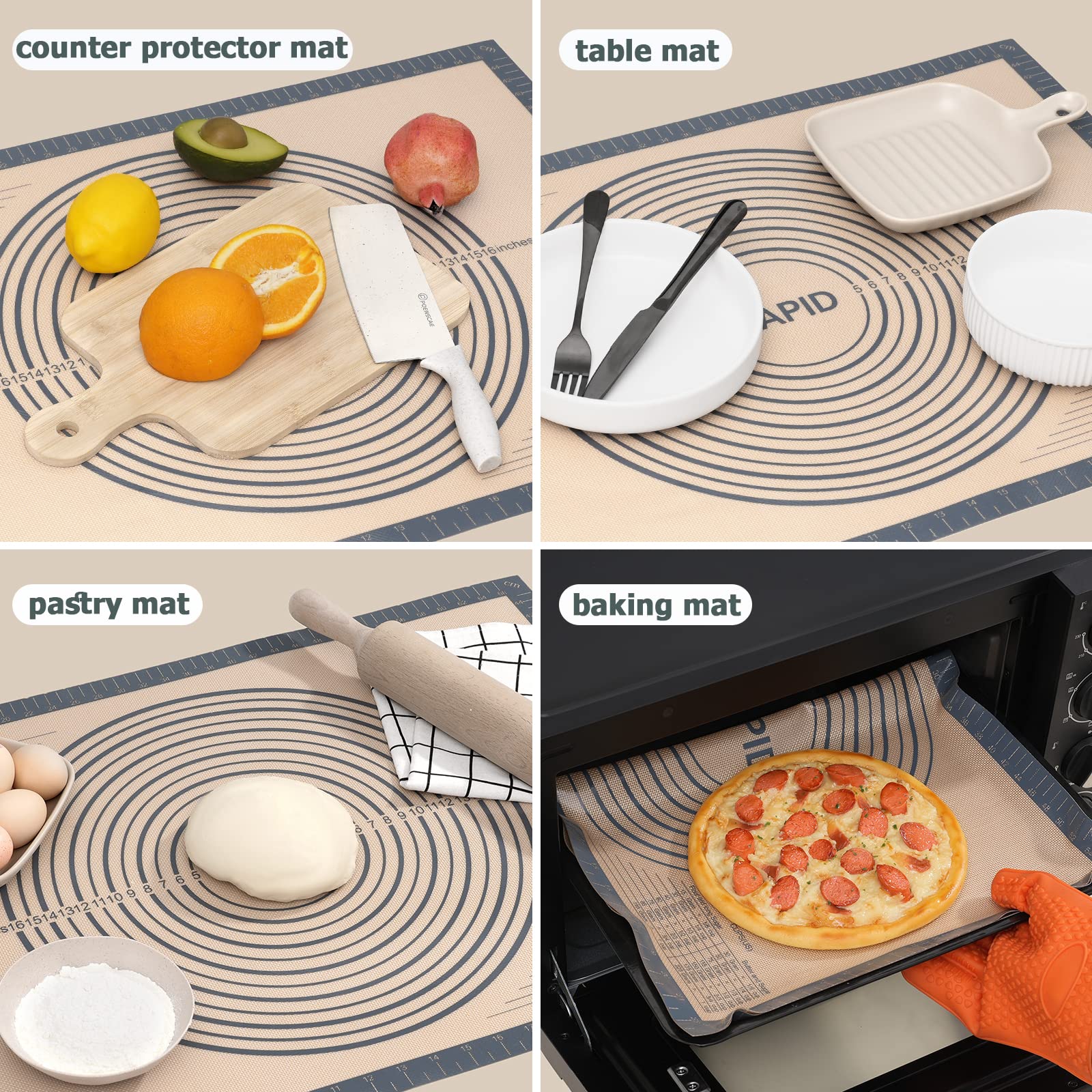 Sapid gray silicone mat doubles as countertop protector and heat resistant surface.