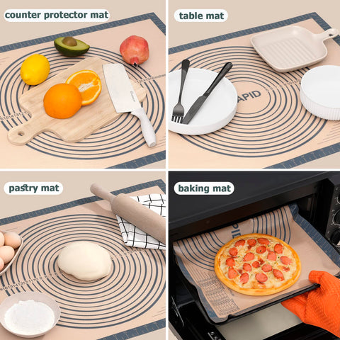 Sapid gray silicone mat doubles as countertop protector and heat resistant surface.