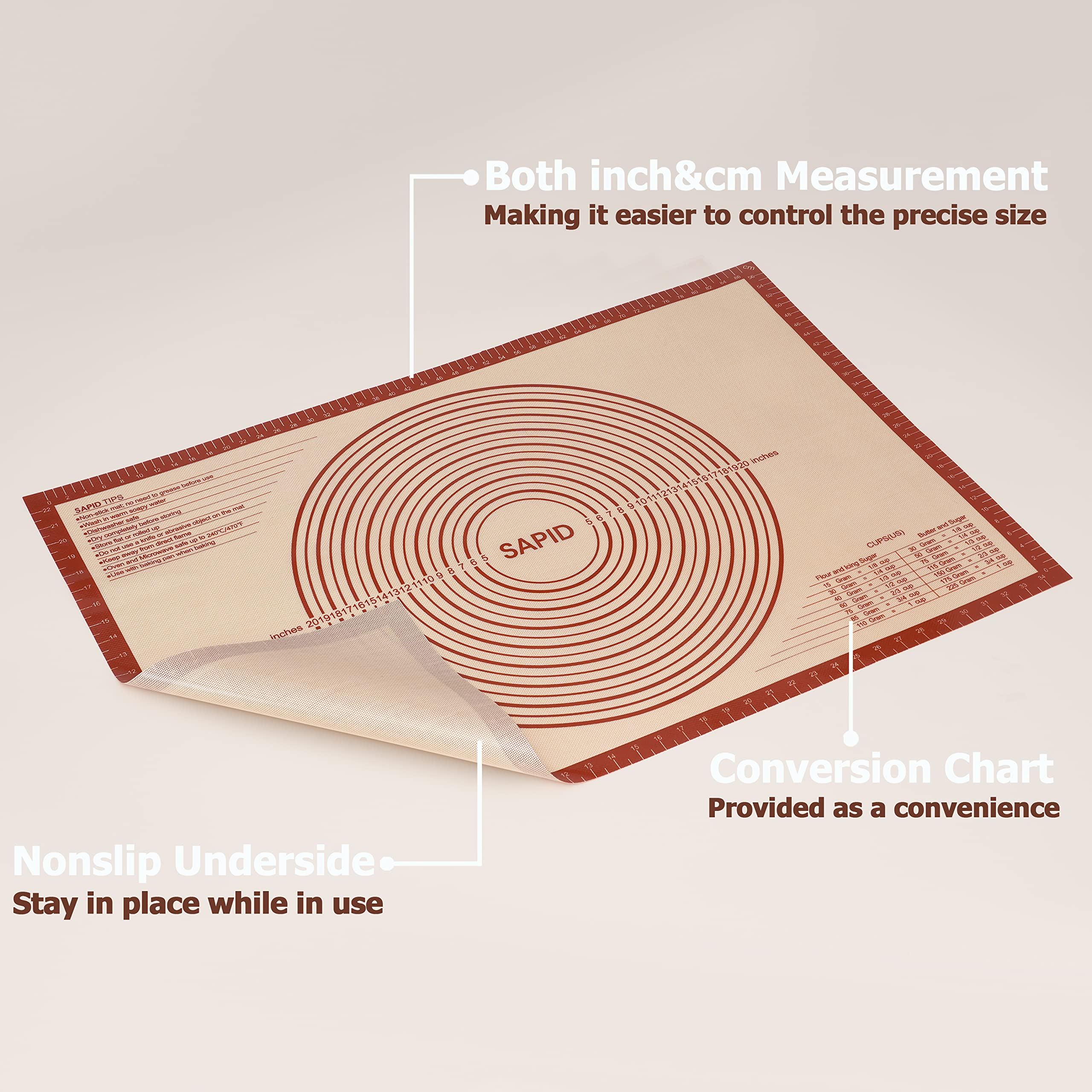 Sapid measurement-marked pastry mat shows inches and centimeters for precision.