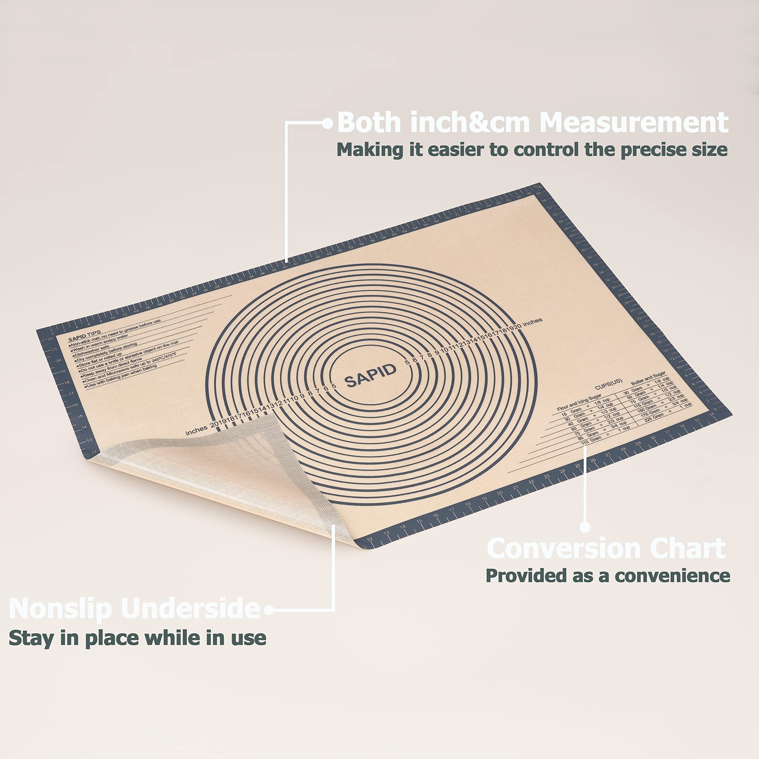 Sapid non-slip kneading mat stays flat on the counter.