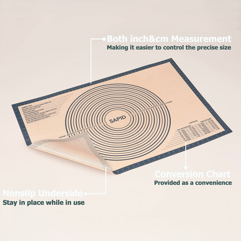 Sapid non-slip kneading mat stays flat on the counter.