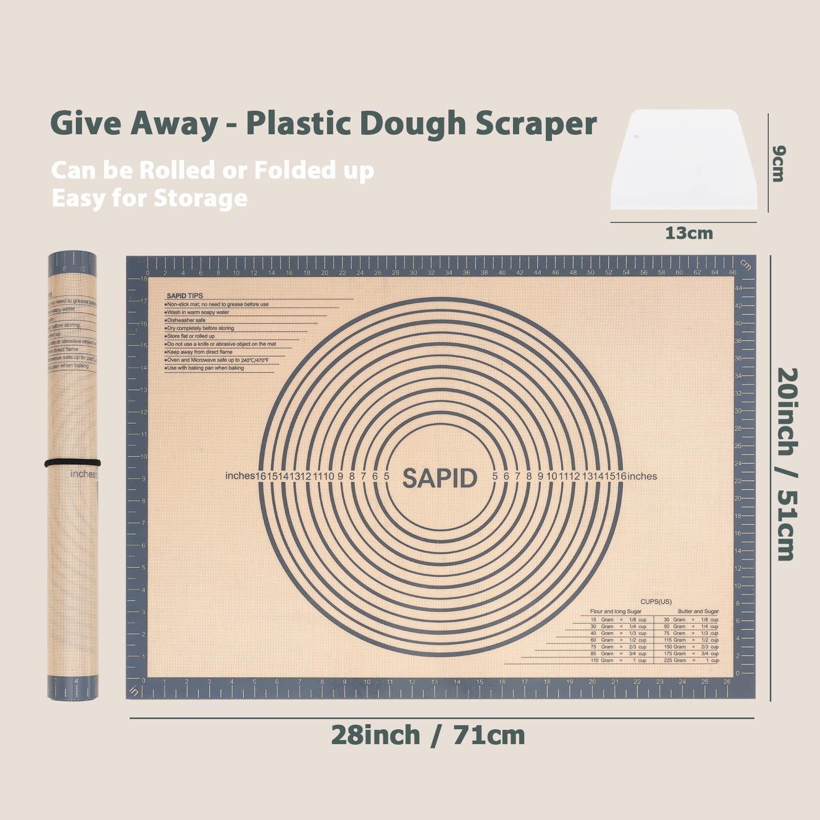 Sapid nonstick silicone baking mat with measurements for precise dough sizing