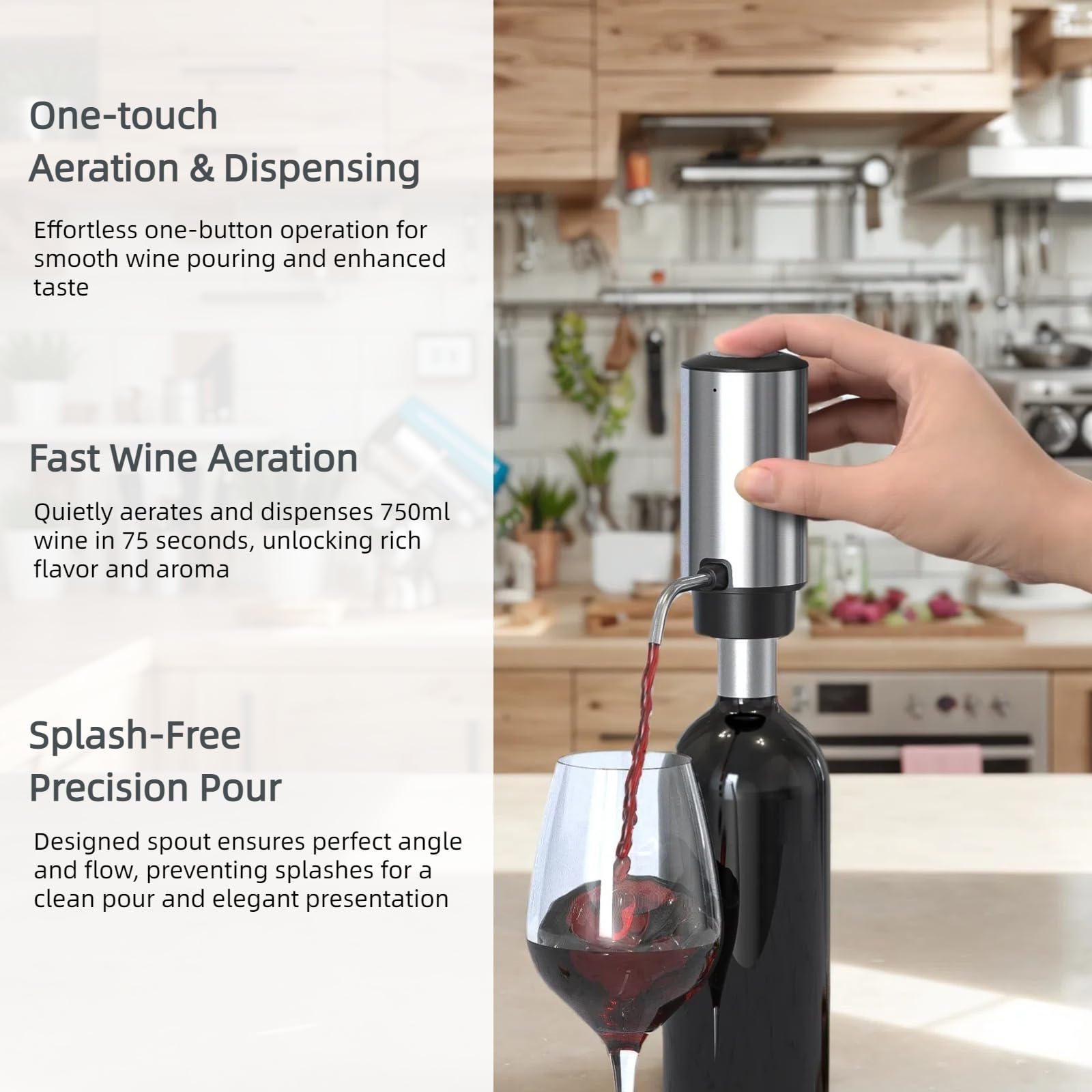 Saraudy electric wine dispenser pours fast, aerating a bottle in 75 seconds.