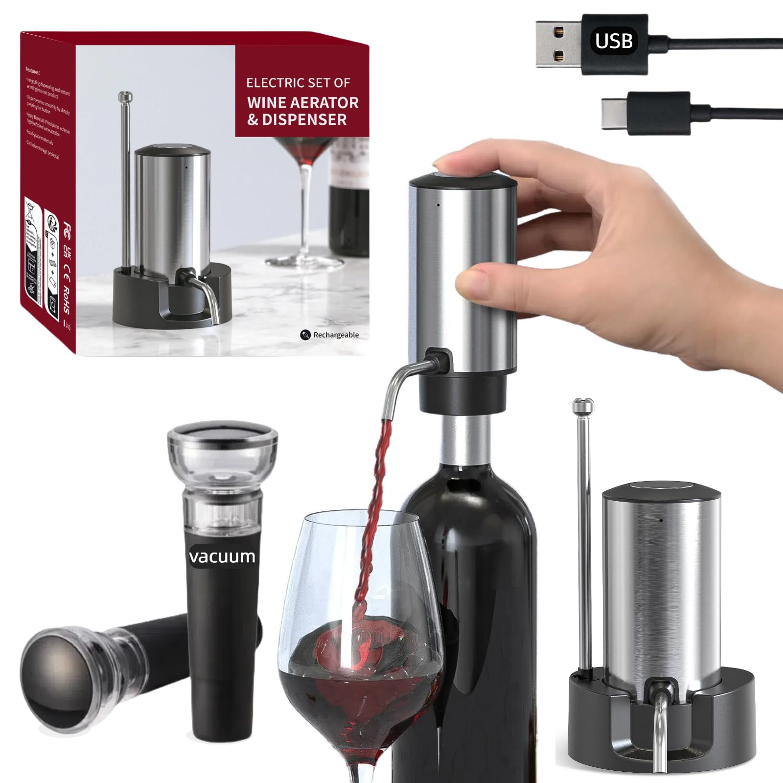 Saraudy rechargeable wine aerator on base ready to pour and aerate for enhanced aroma.