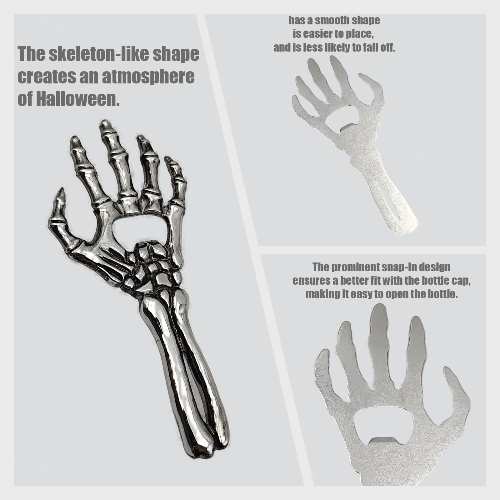 Sarcidery skeleton bottle opener as home bar decor with a bold silver finish.