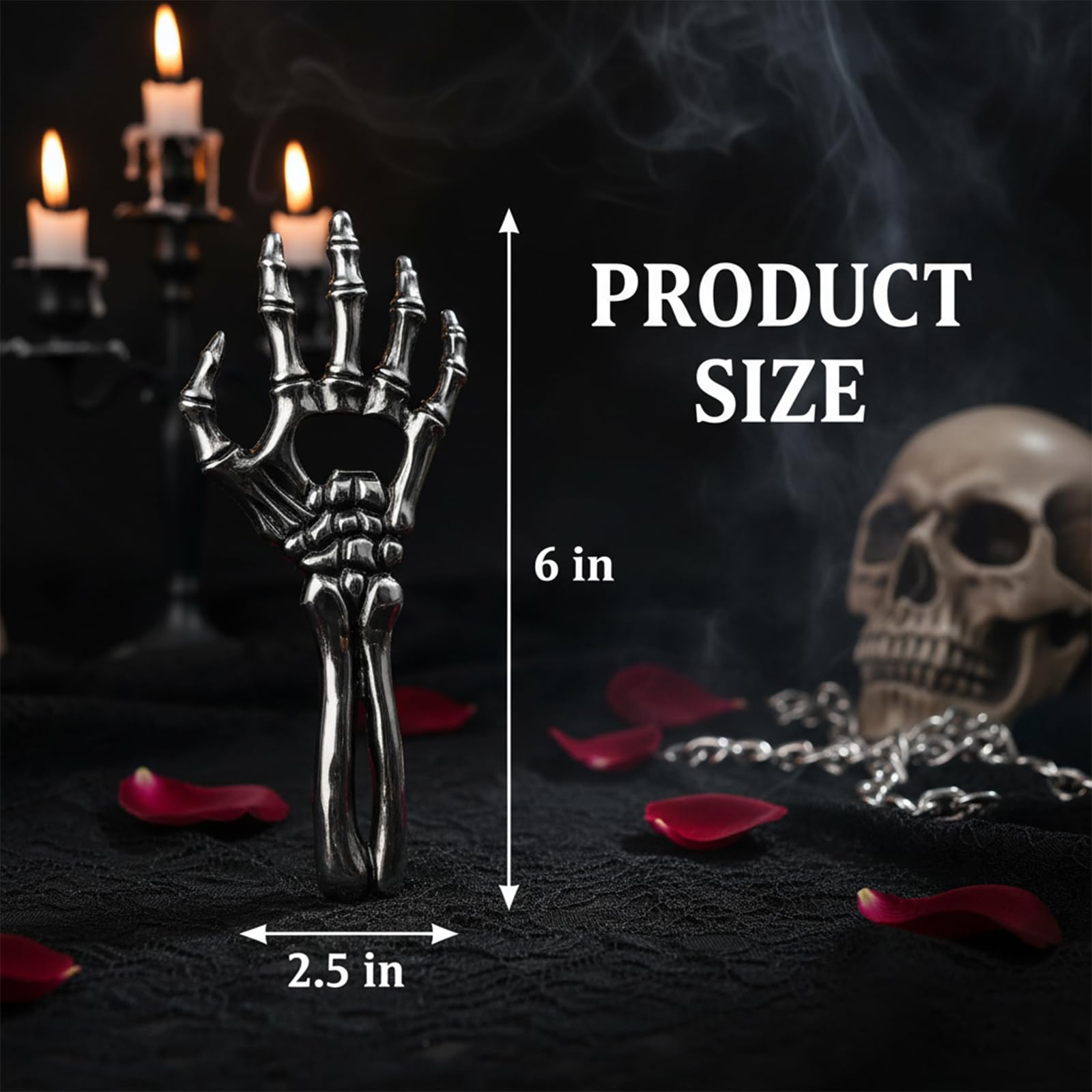 Sarcidery skeleton bottle opener highlights leverage and dramatic Gothic design.
