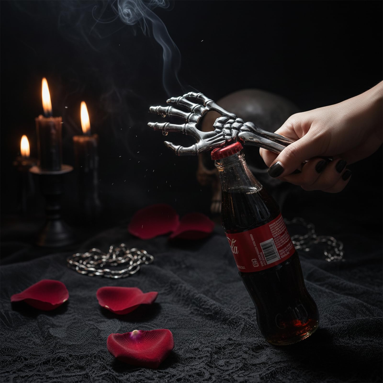 Sarcidery skeleton bottle opener at a themed party for visual impact and ease of use.