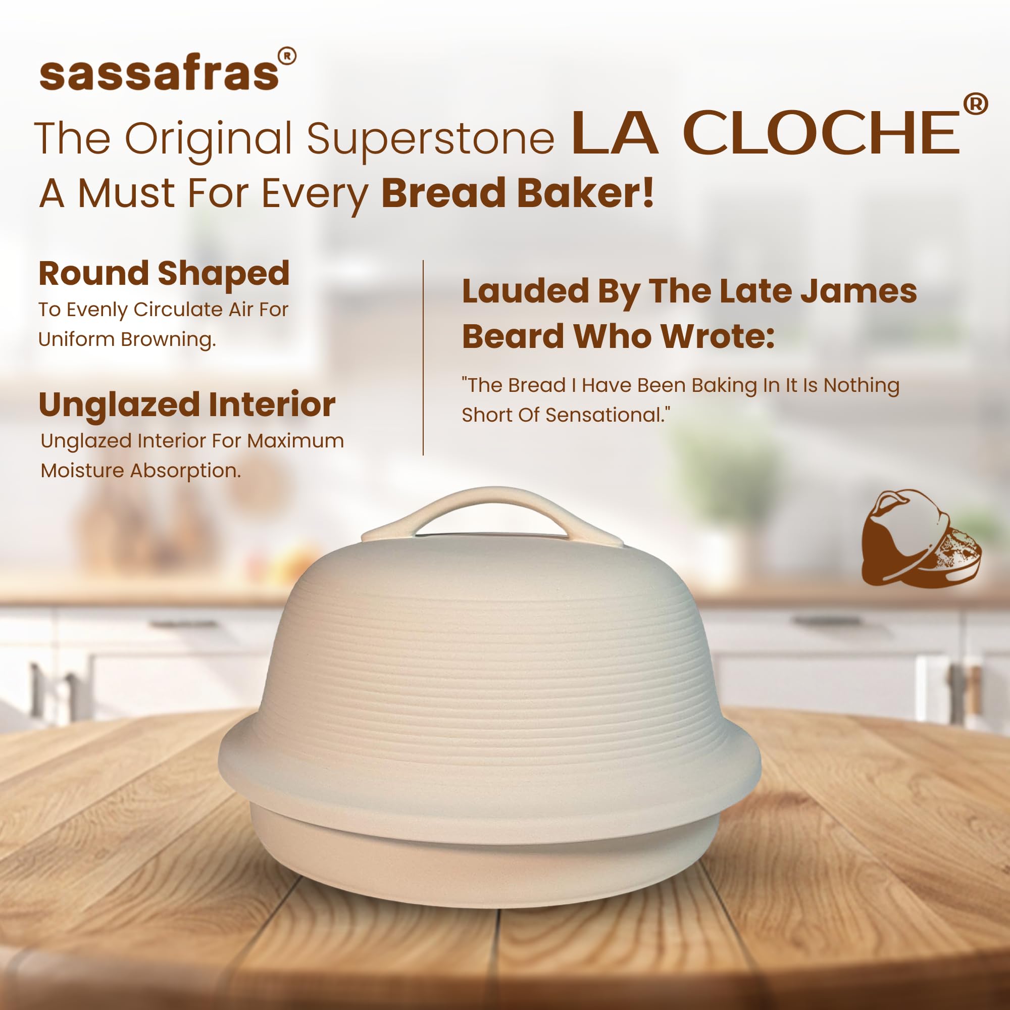 Sassafras La Cloche 12-inch diameter, even heat distribution across the bake.