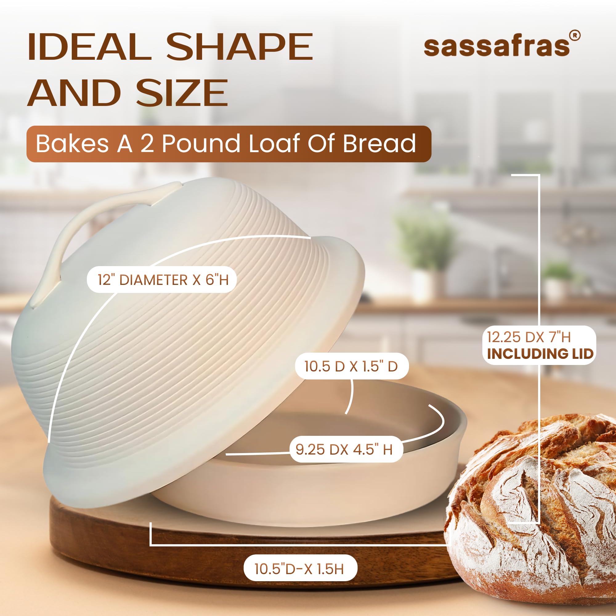 Sassafras La Cloche dome lid, seals moisture for bakery-quality bread.