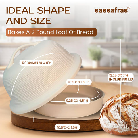 Sassafras La Cloche dome lid, seals moisture for bakery-quality bread.