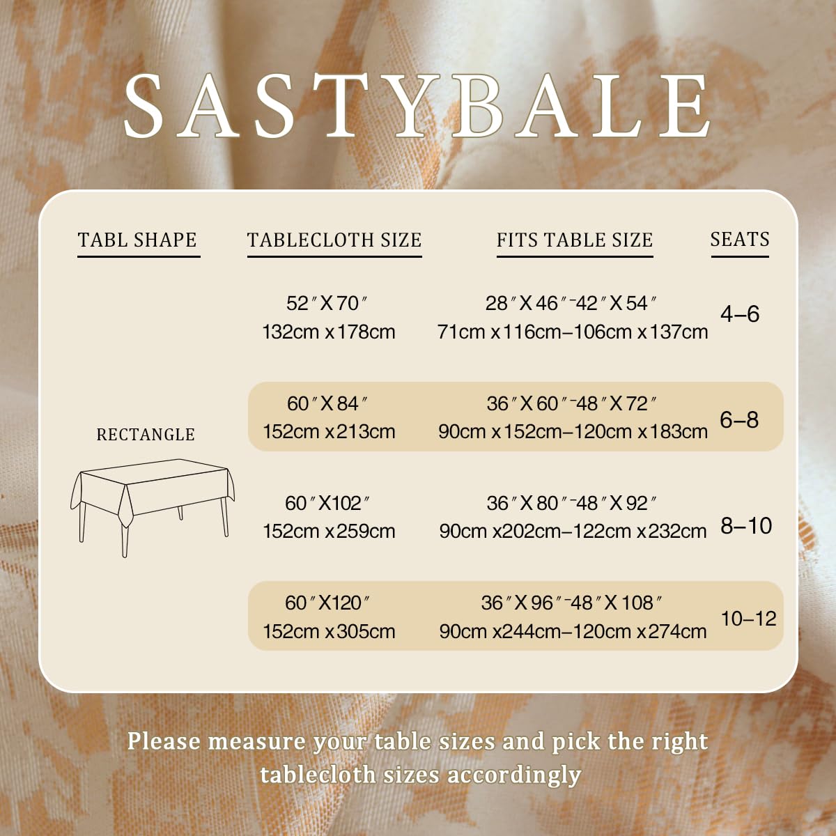 SASTYBALE fits standard 52 x 70 inch rectangle tables