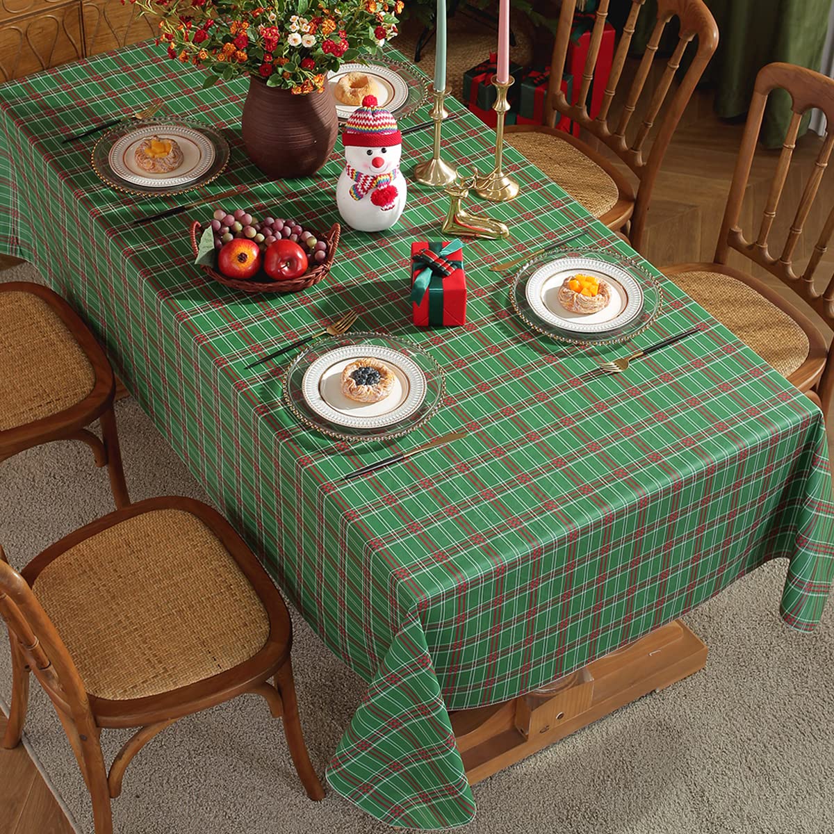 SASTYBALE buffalo plaid vinyl tablecloth in green protects surfaces during holiday meals
