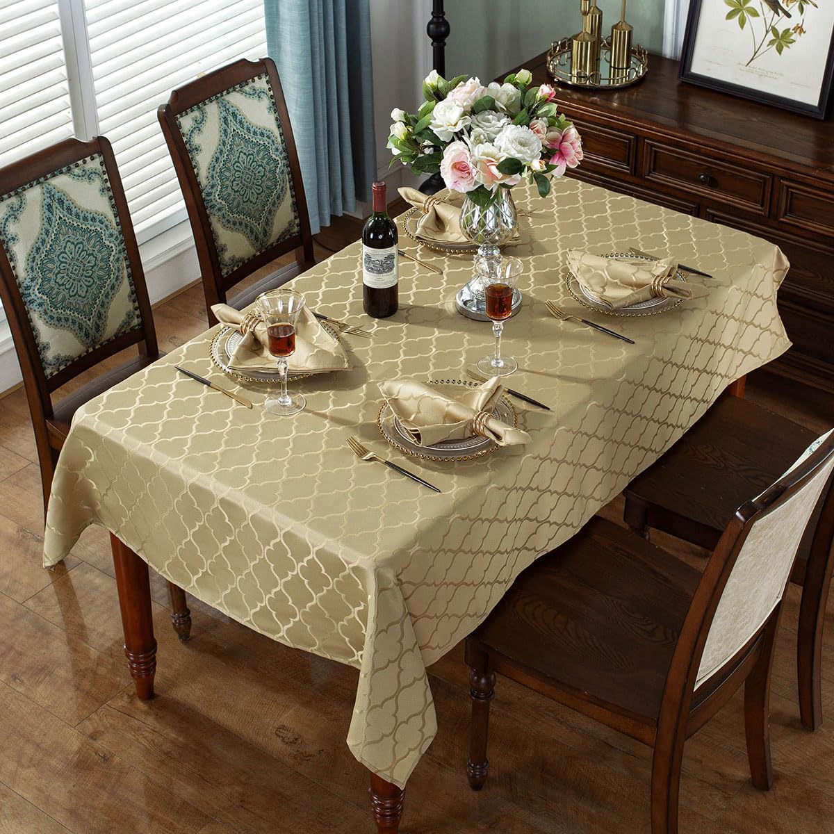 SASTYBALE Christmas tablecloth with gold border complements seasonal decor.