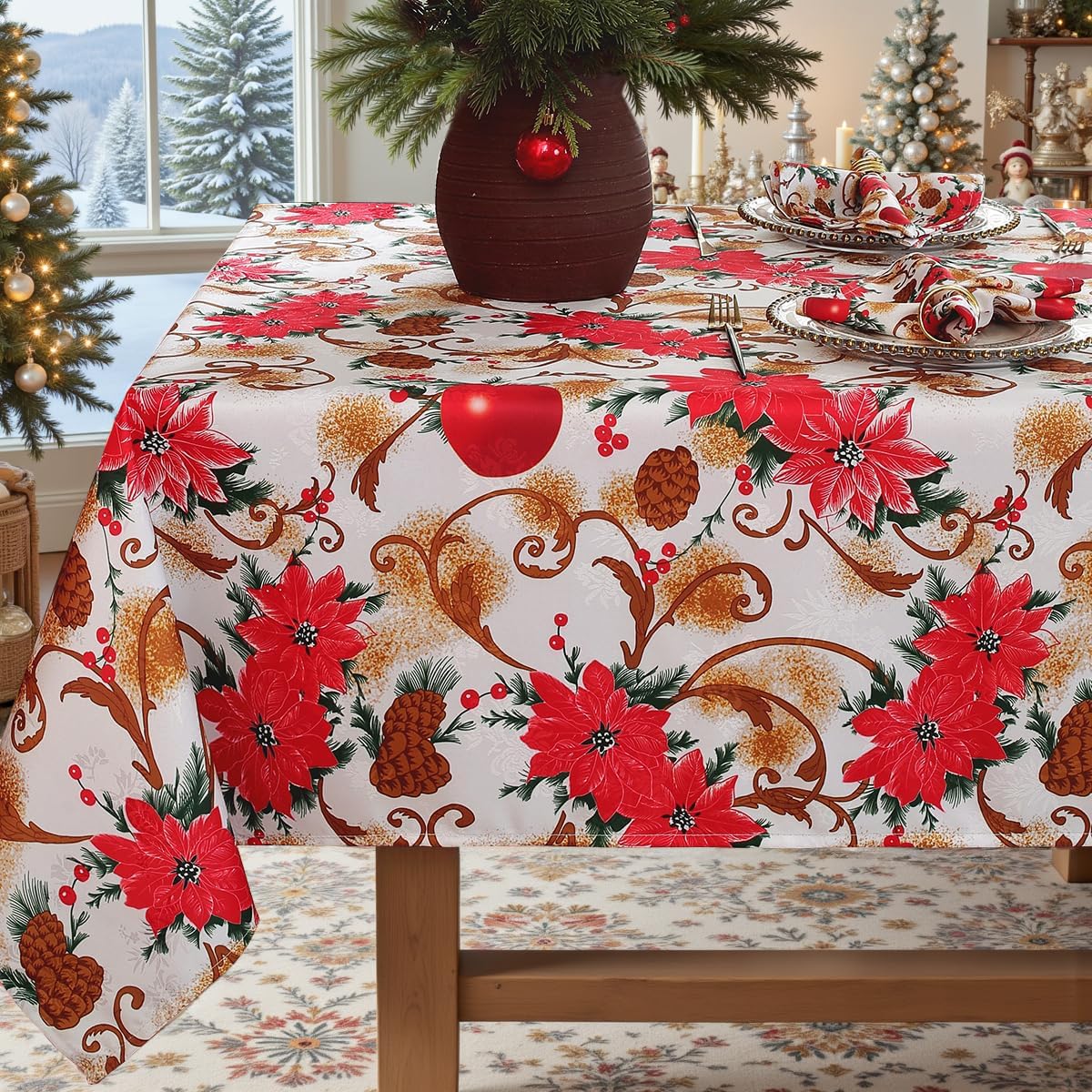 SASTYBALE Christmas tablecloth with poinsettia-pinecone design for festive dining.