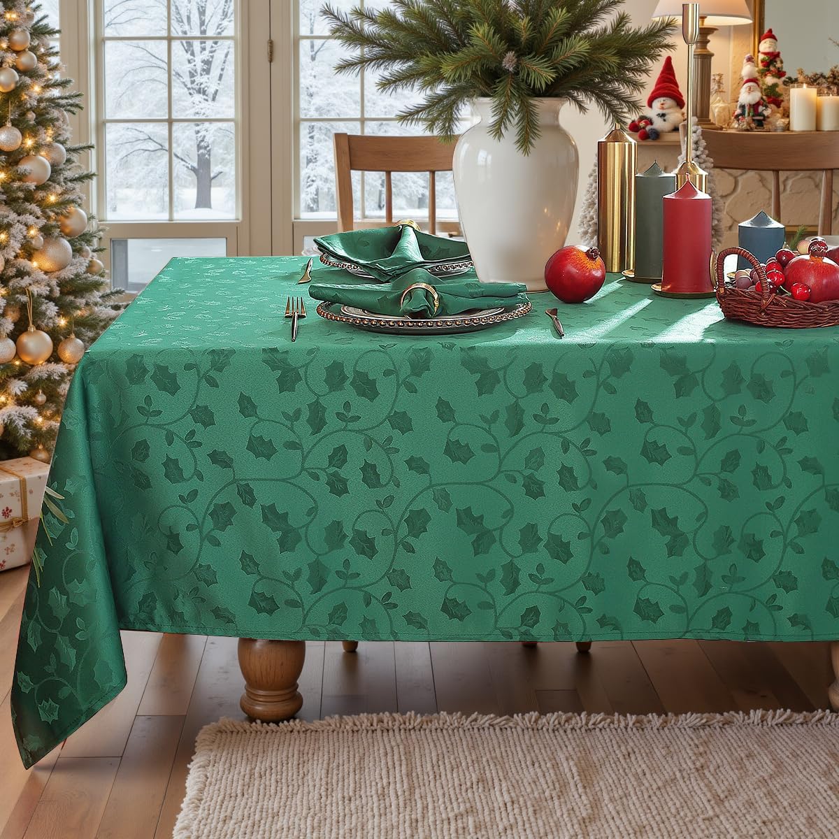 SASTYBALE Christmas tablecloth rectangle in green with holly leaves design for elegant gatherings