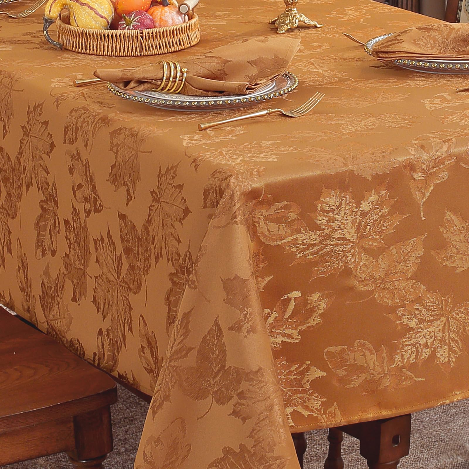 SASTYBALE fall tablecloth with brown maple leaves jacquard texture for autumn dining.