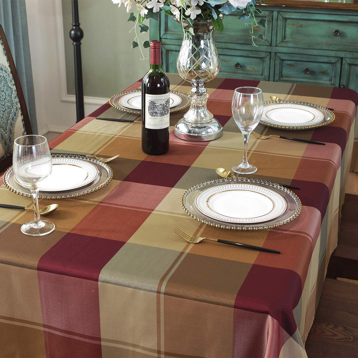 Close-up of SASTYBALE polyester weave with red checks and solid color