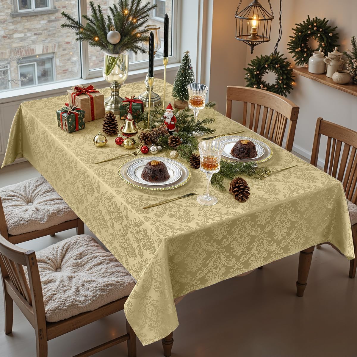 SASTYBALE spill-proof gold tablecloth helps protect surfaces during meals.