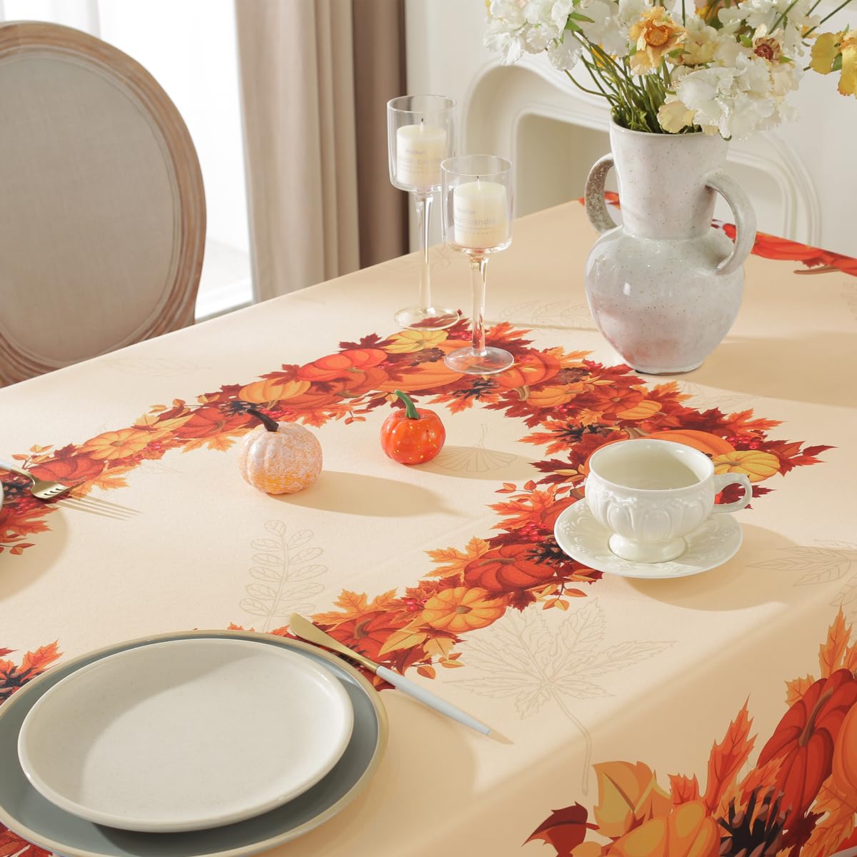 SASTYBALE wrinkle-resistant polyester fall tablecloth on a dining table