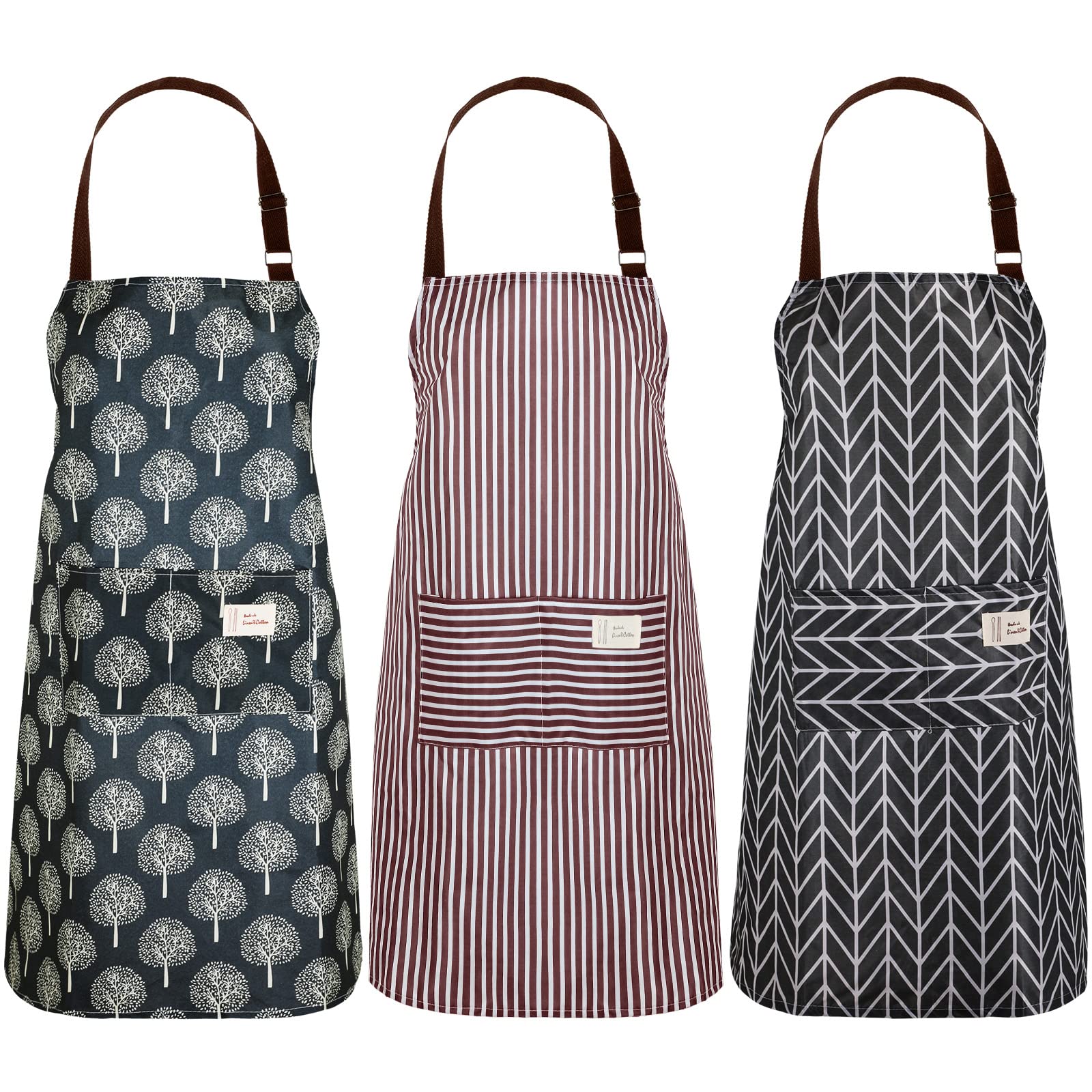 SATINIOR 3-piece apron pack showing three color options and design versatility for your kitchen tasks