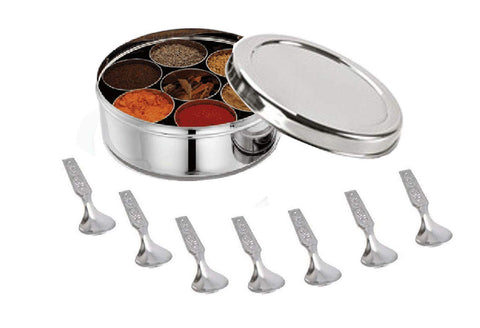 Satre stainless steel spice box with seven containers without lid keeps spices organized.