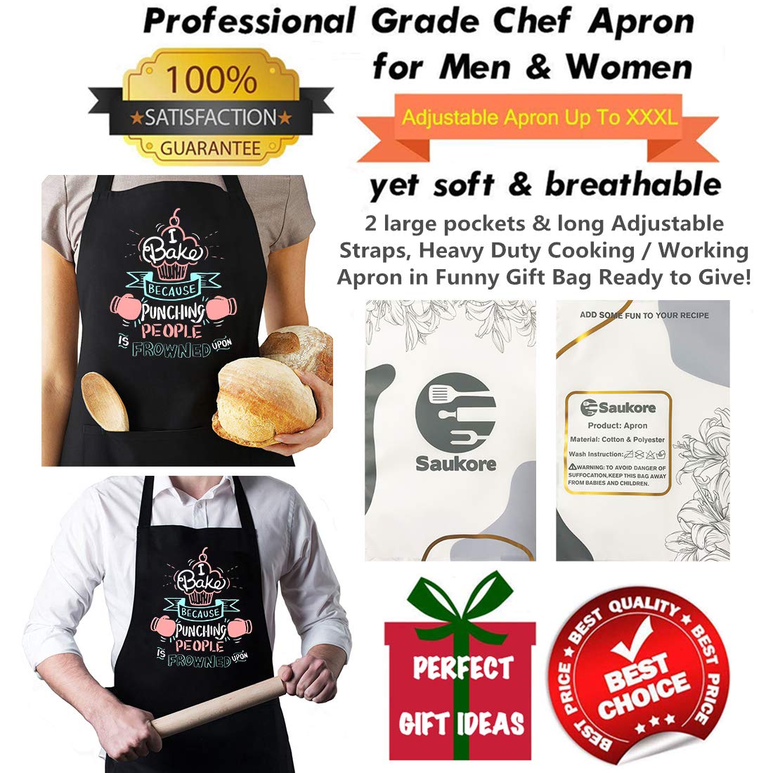 Saukore universal-size XXL apron covers all body types.