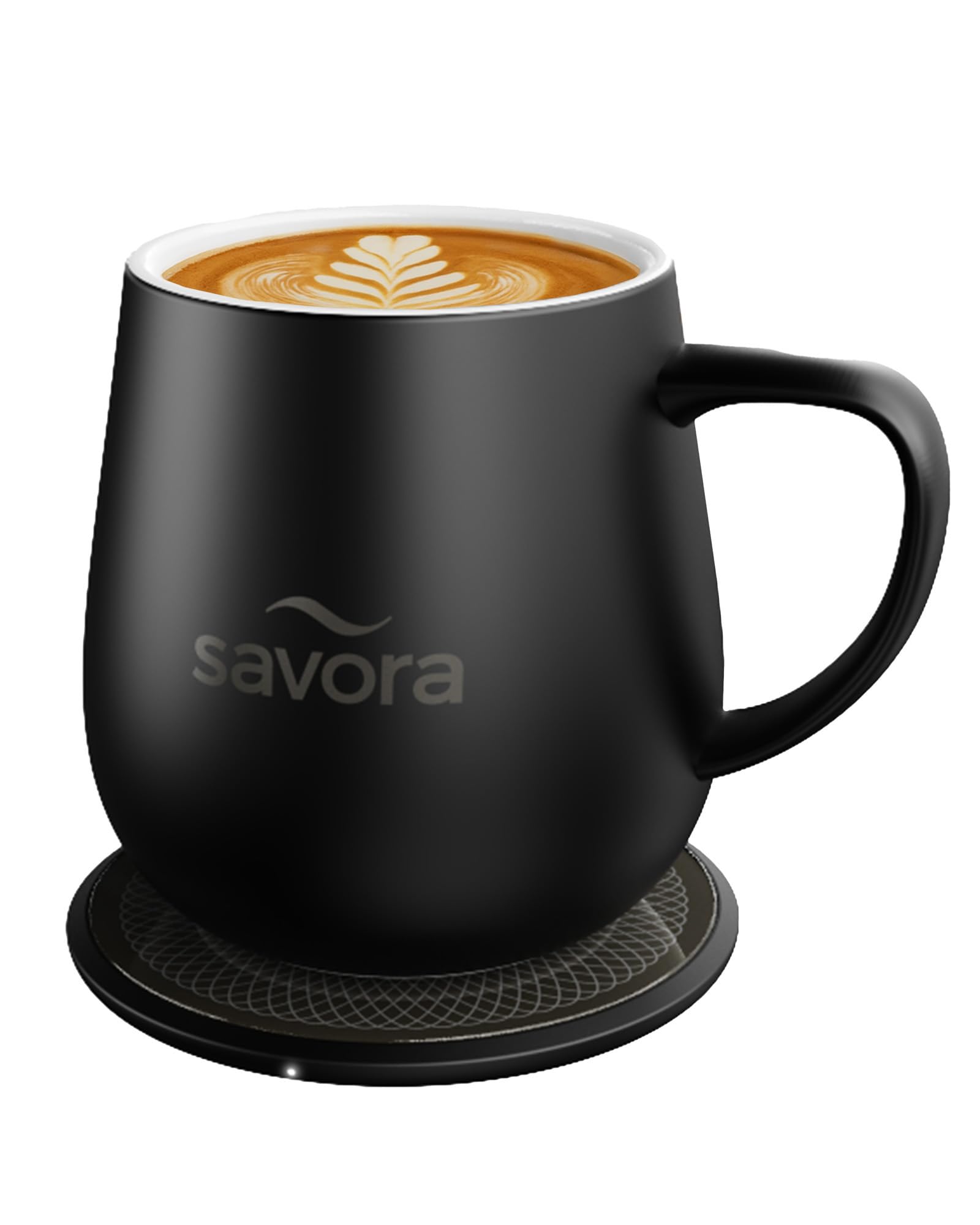 Savora 12oz heated mug with IntelliHeat pad maintains 135°F for consistent sipping.