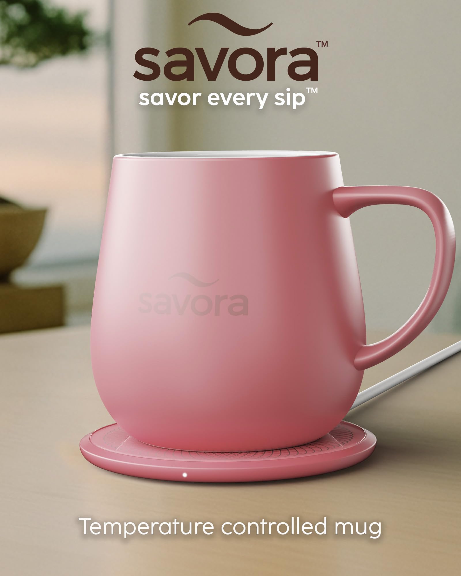 Savora mug on SmartSense dock showing effortless temperature control