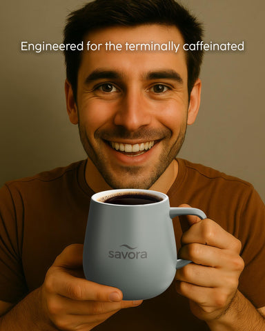 Savora ceramic mug with lid provides heat retention for extended tea or coffee