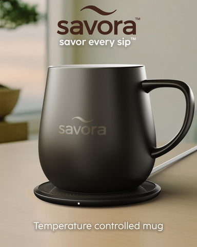 Savora ceramic mug with lid preserves heat and aroma during tea or coffee.