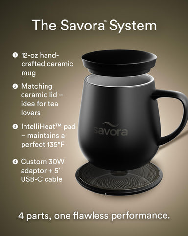 Savora dusty rose and charcoal gray mugs show color options for tea or coffee.