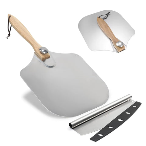 SAVVY KITCHEN AND HOME pizza peel with foldable handle for compact storage and easy transfer.