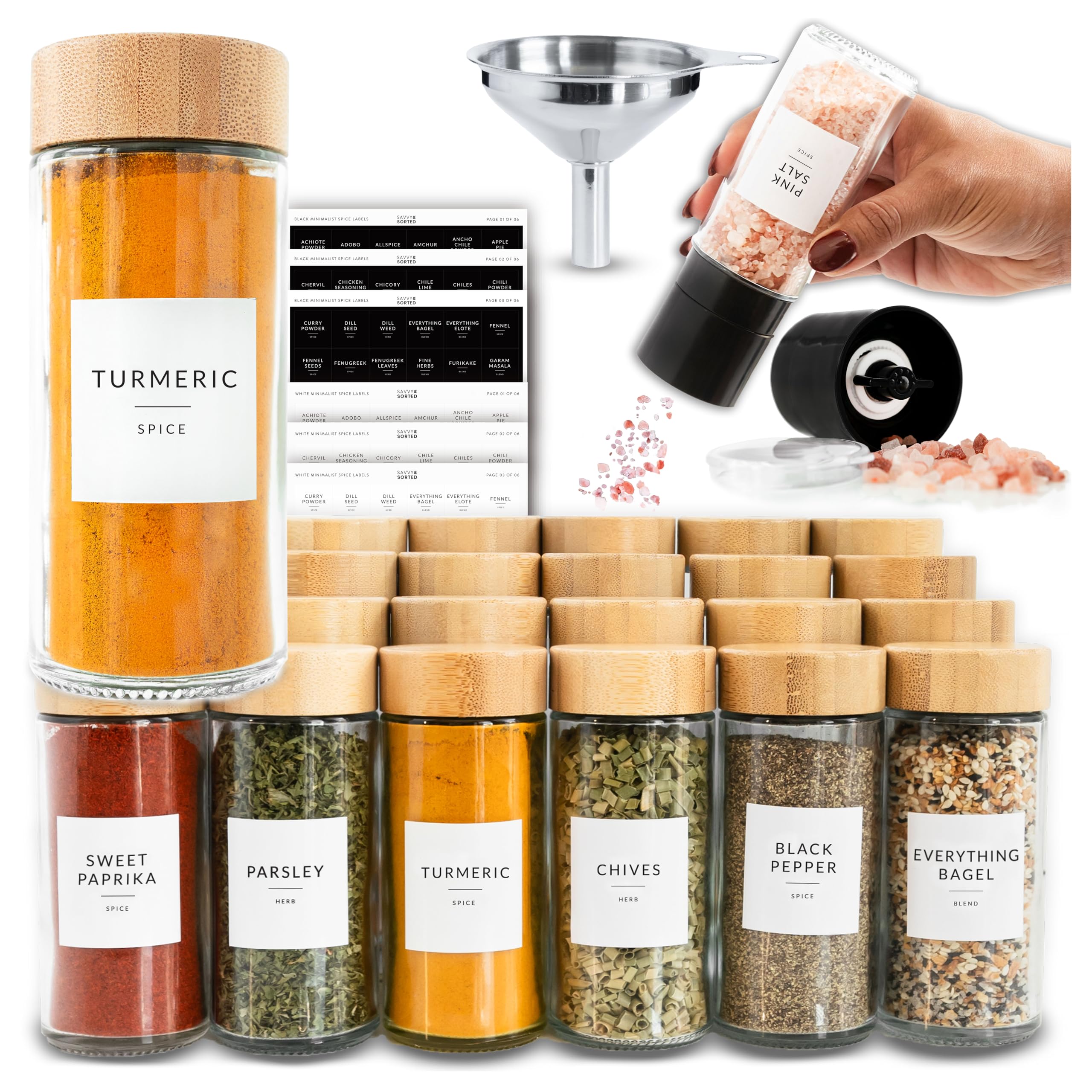 Savvy & Sorted glass spice jars with labels for organized drawer storage.