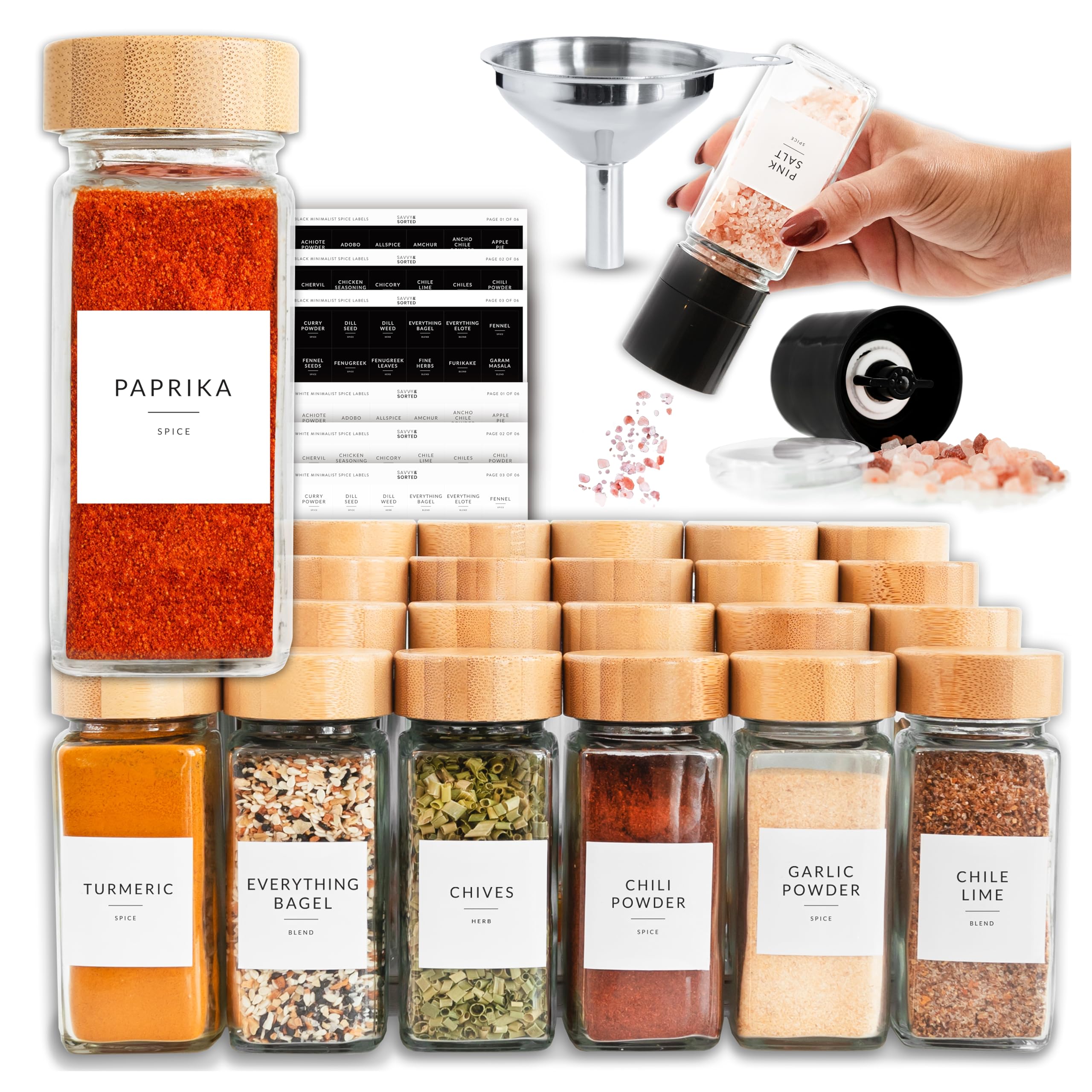 Savvy & Sorted glass spice jars organized in a drawer for easy access