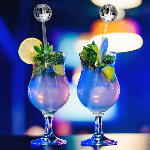Sawysine disco ball stirrer with mirrored exterior reflects party lights.