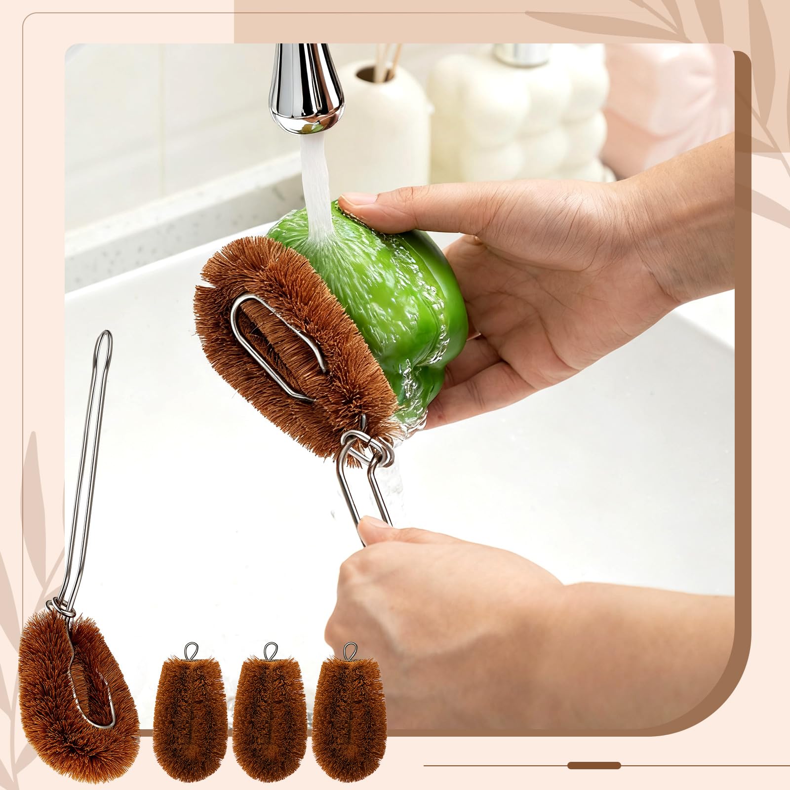 Sawysine Tawashi coconut coir bristles close-up show natural cleaning power.
