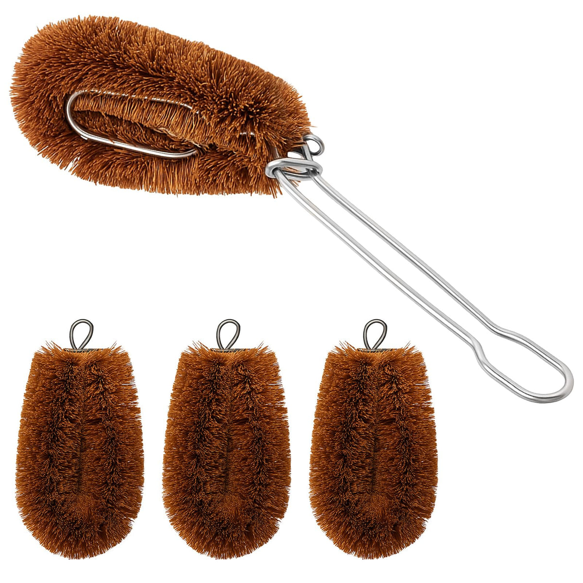 Sawysine Tawashi coconut coir brush with handle for gentle veggie washing.