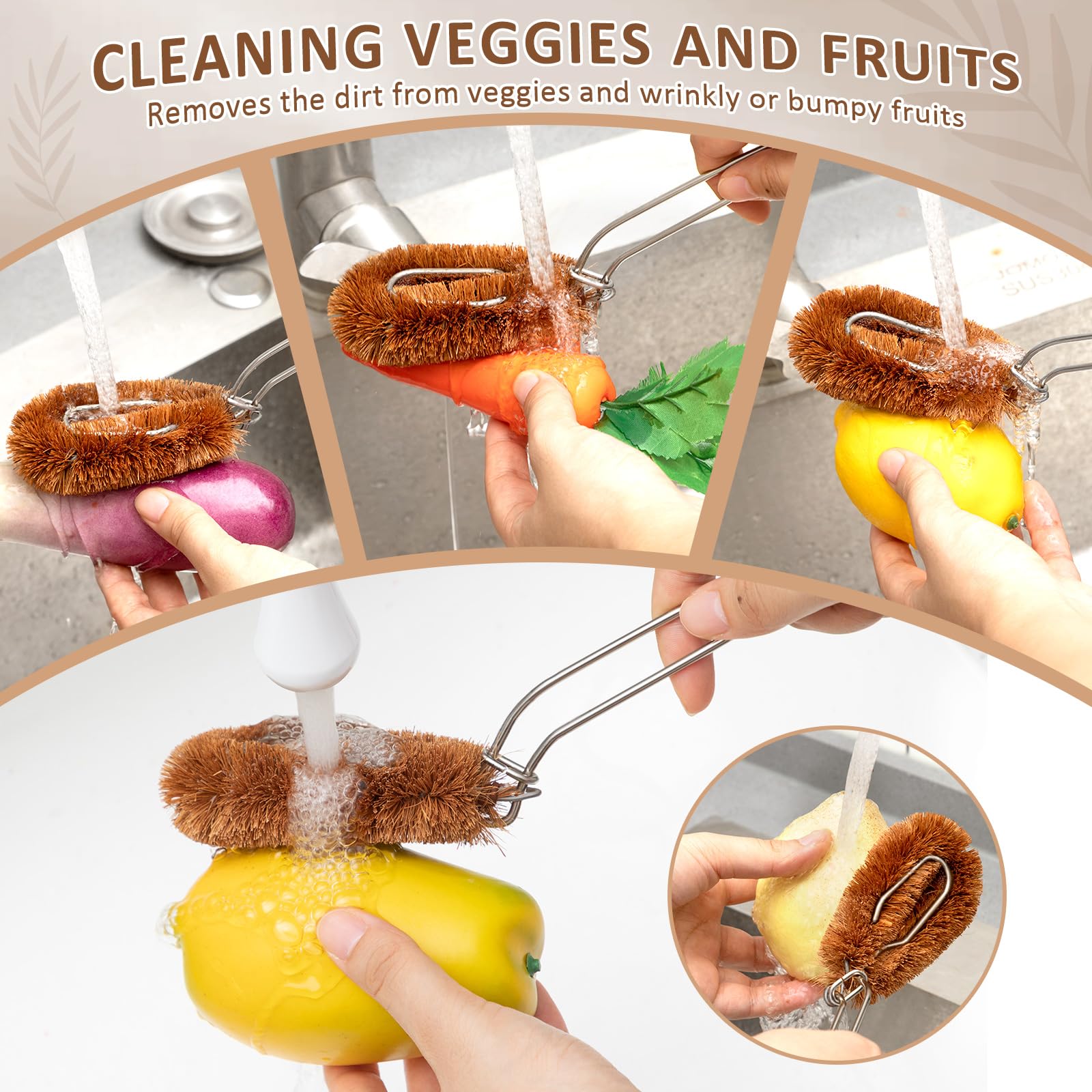 Sawysine Tawashi scrubber head used on vegetables for effective cleaning.
