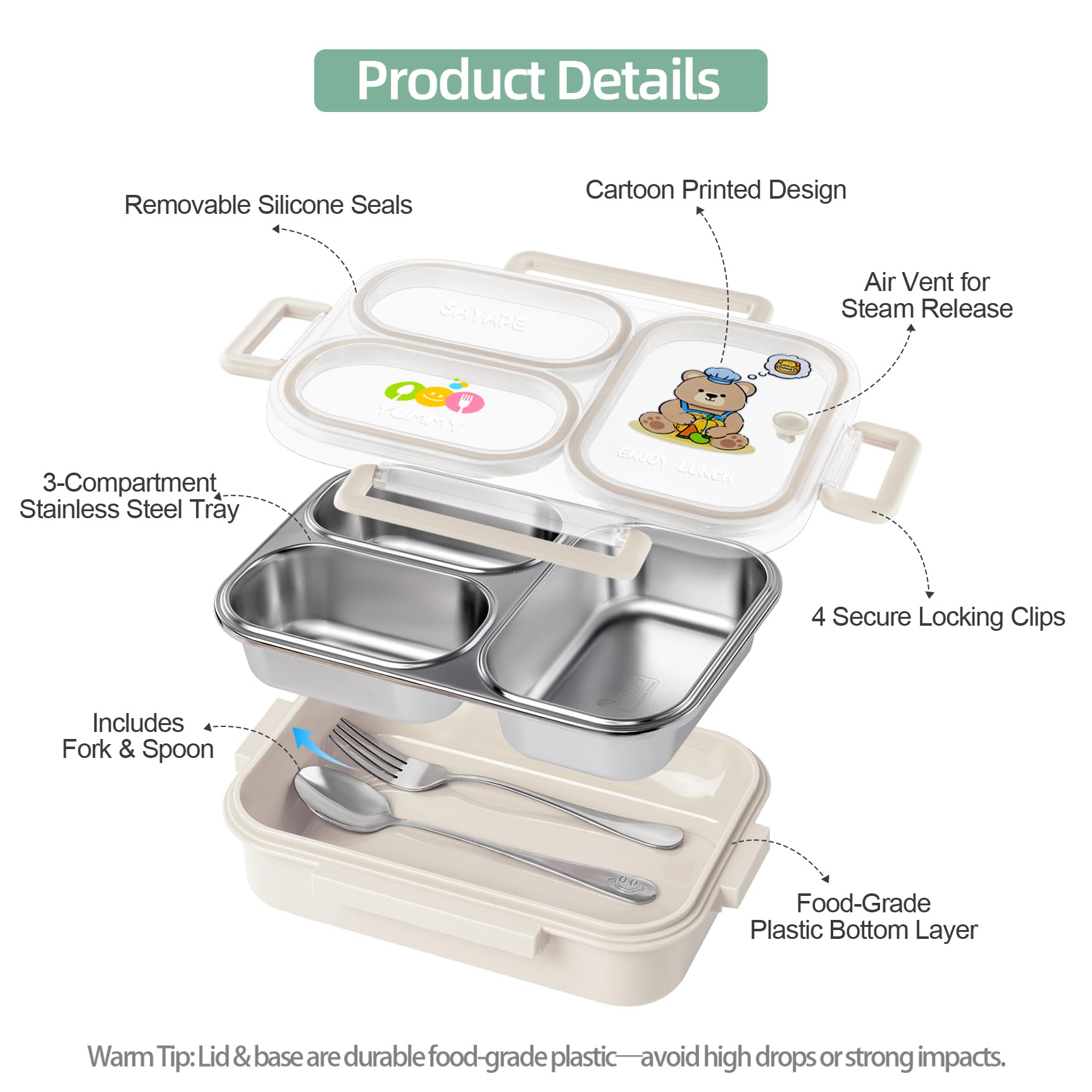 SAYAPE bento box dishwasher-safe with hand-wash lid to protect seal.