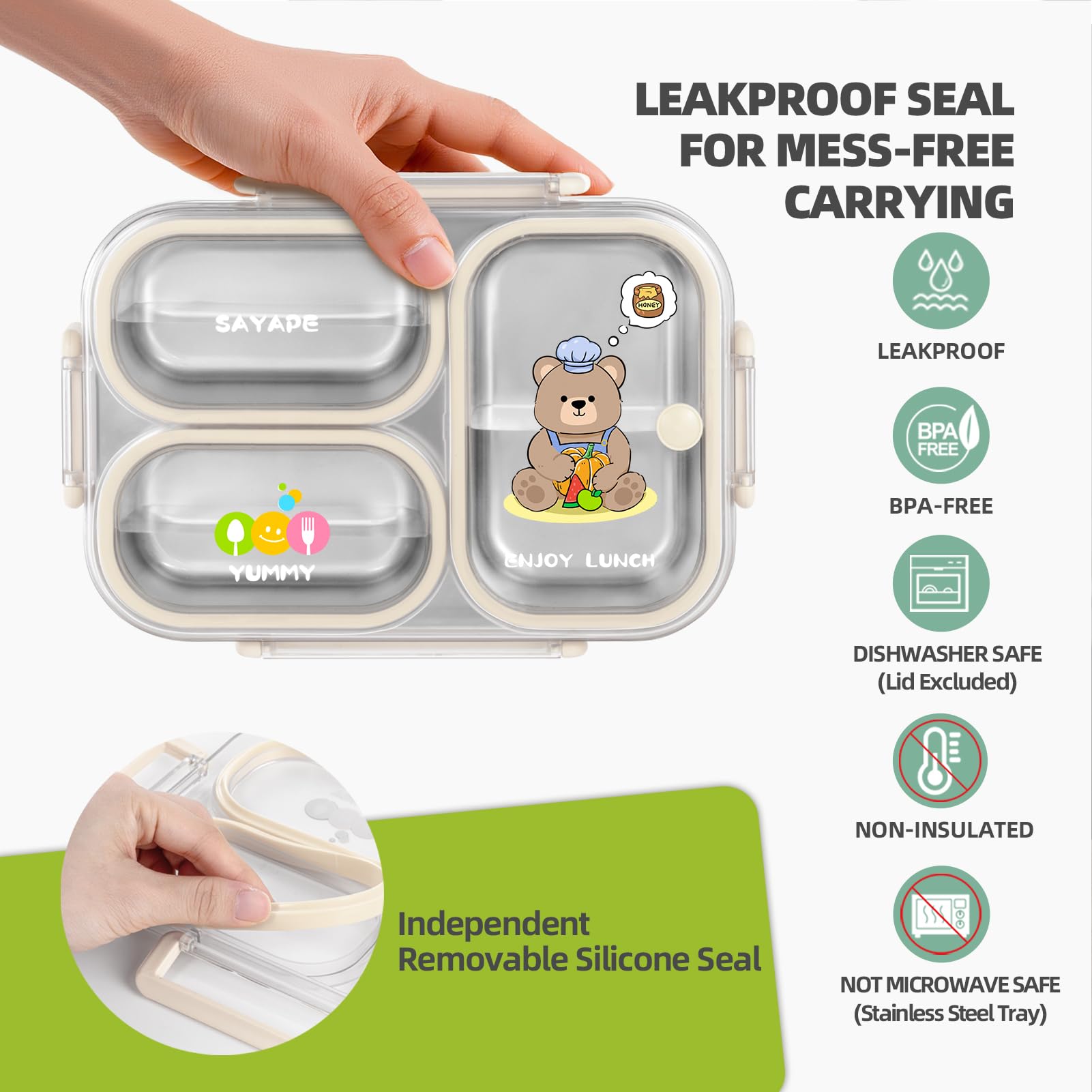 SAYAPE beige bento box with utensils included for school meals.