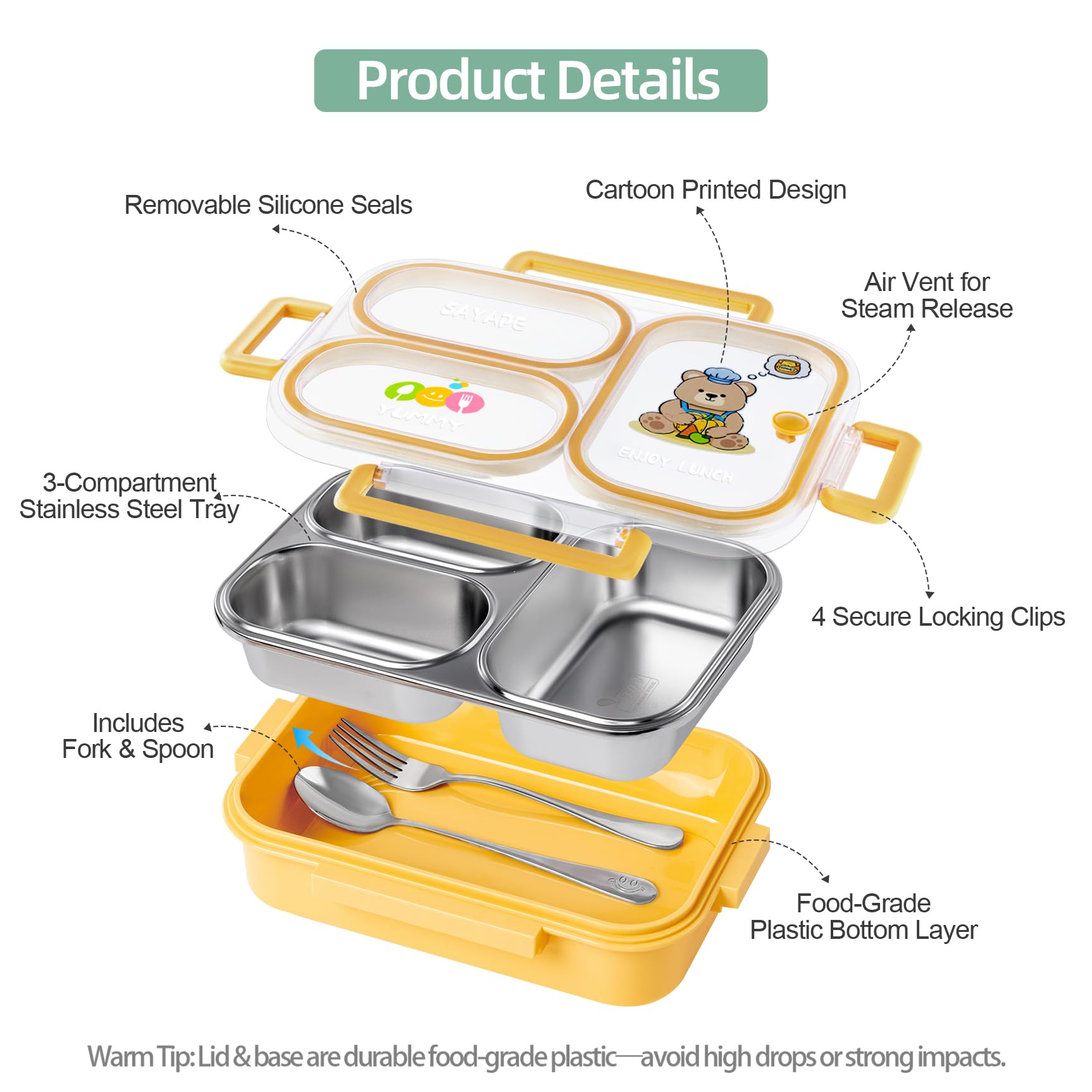 Sayape bento box includes stainless steel utensils for convenient meals on the go.