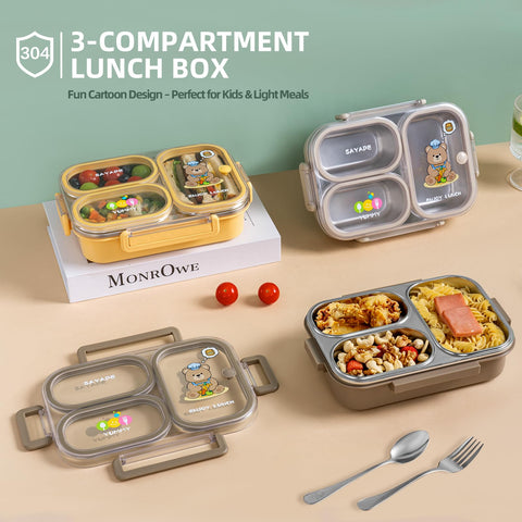 Sayape bento box viewed from the top shows three compartments for meals.