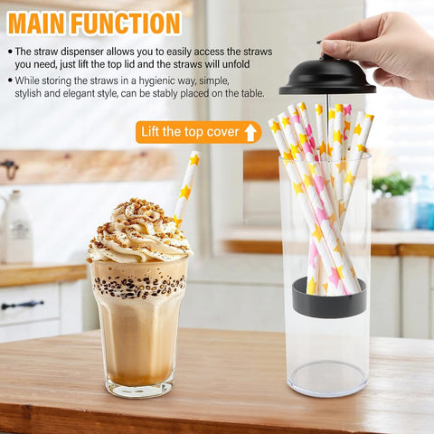 Saycker straw dispenser seen from the front shows a clear, easy-refill design.