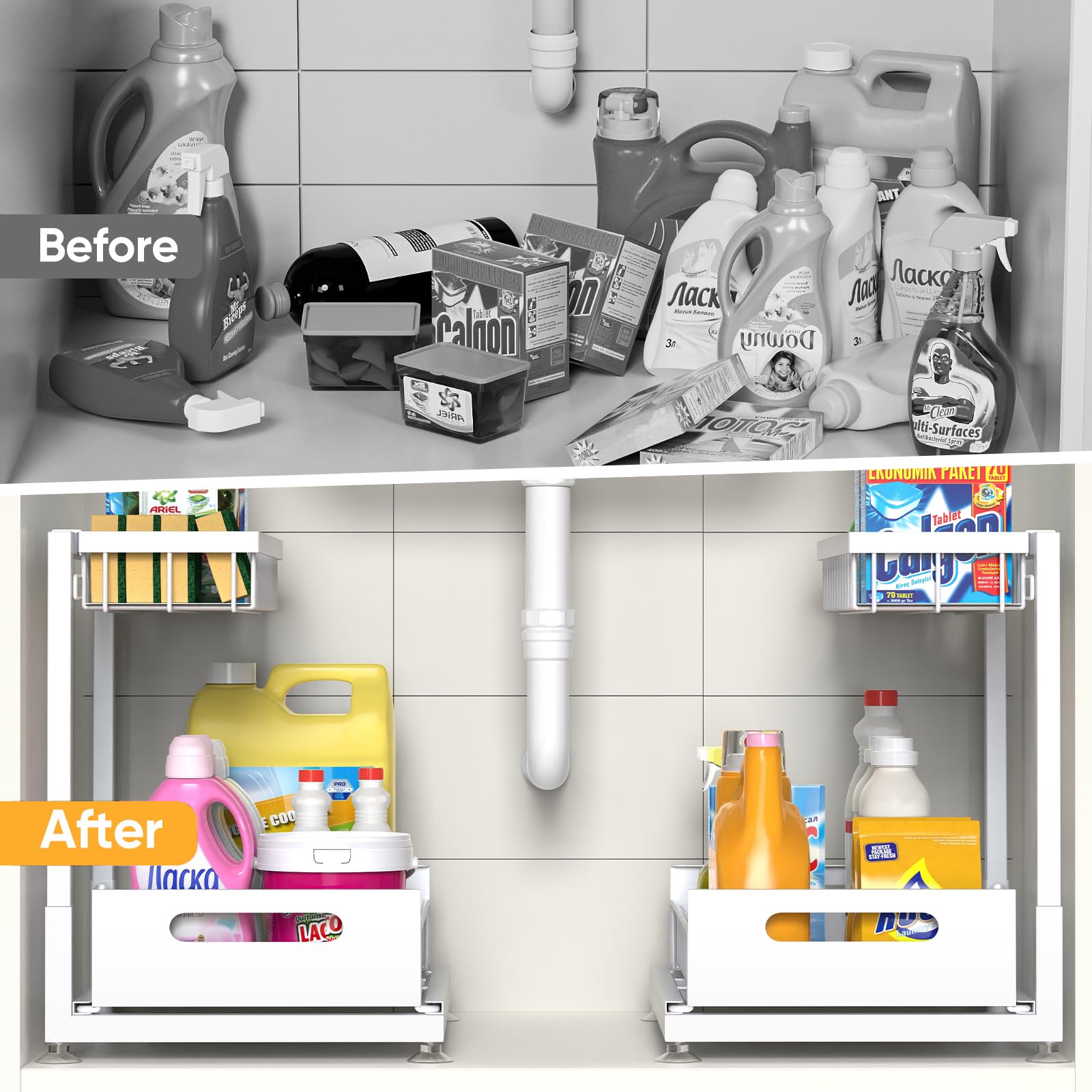 Saydear height-adjustable under-sink rack adapts to cabinet heights