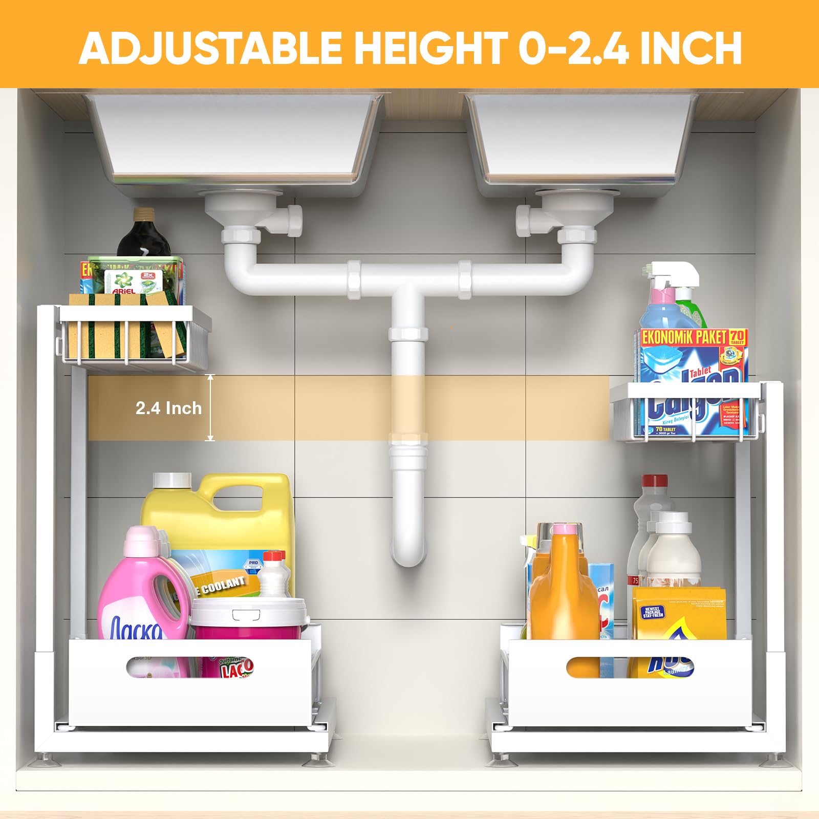 Saydear metal pull-out drawer under sink keeps cleaning supplies organized