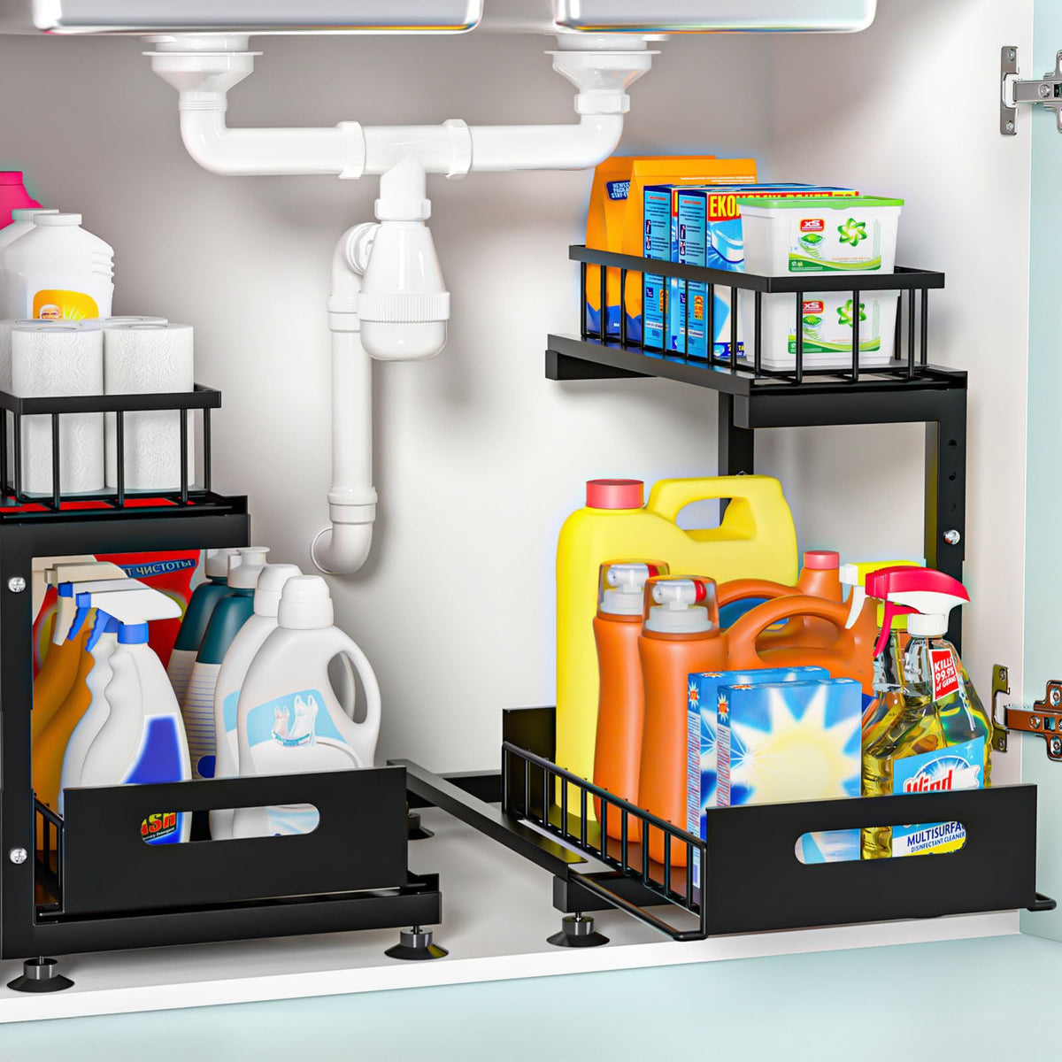 Saydear two-tier under-sink organizer with pull-out baskets for easy reach.