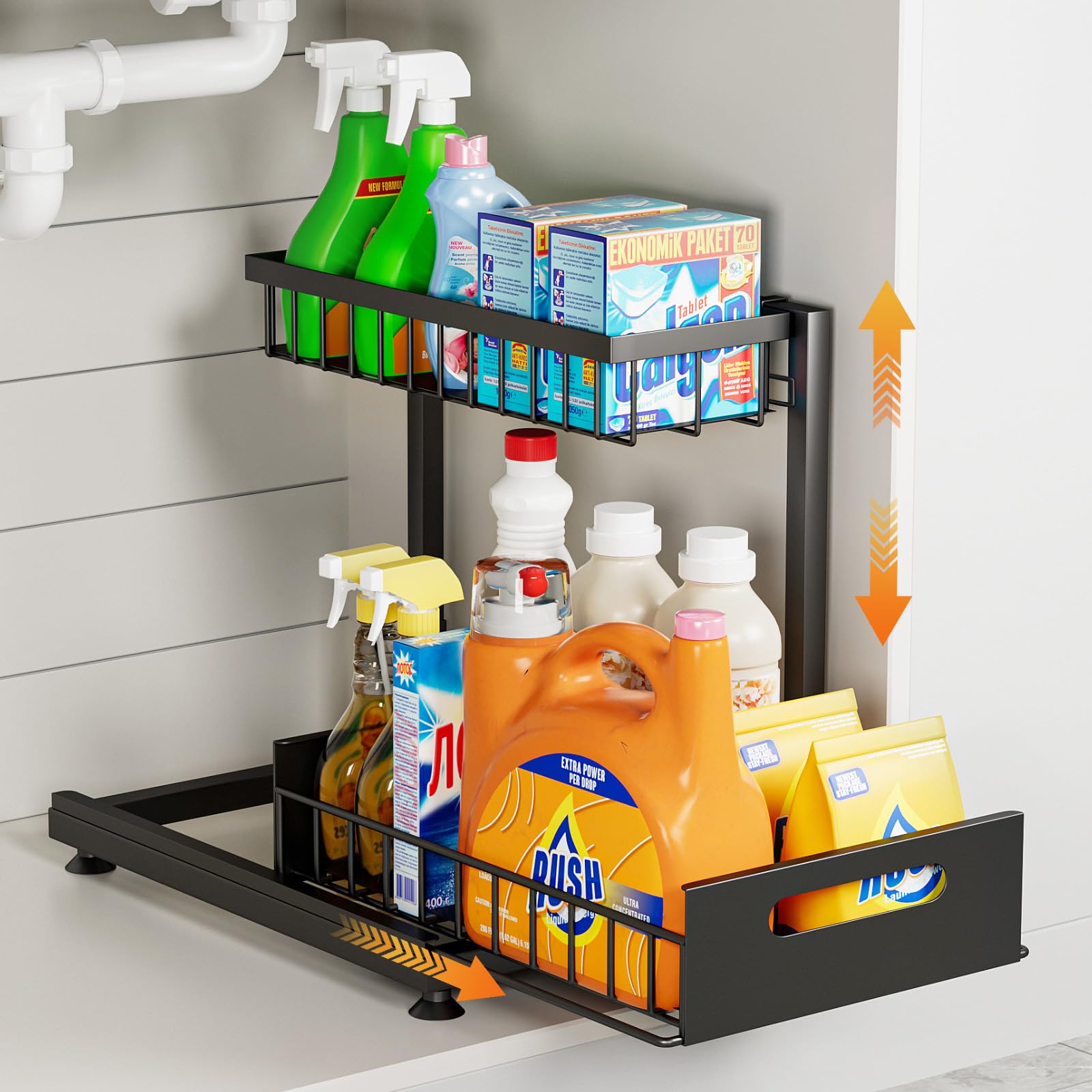 Saydear under-sink organizer with two-tier pull-out rack for easy access.