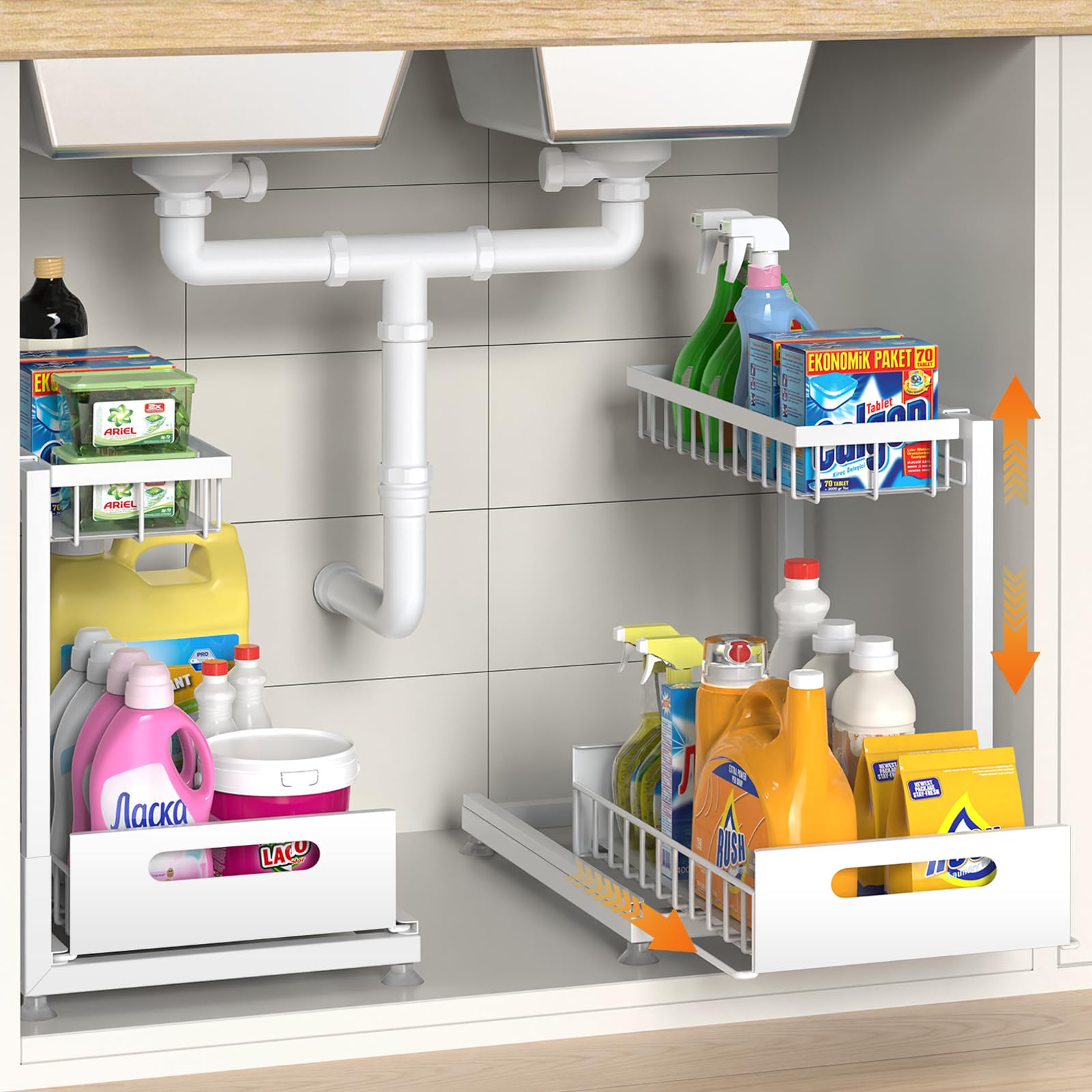 Saydear under-sink organizer two-tier pull-out enhances kitchen storage and accessibility