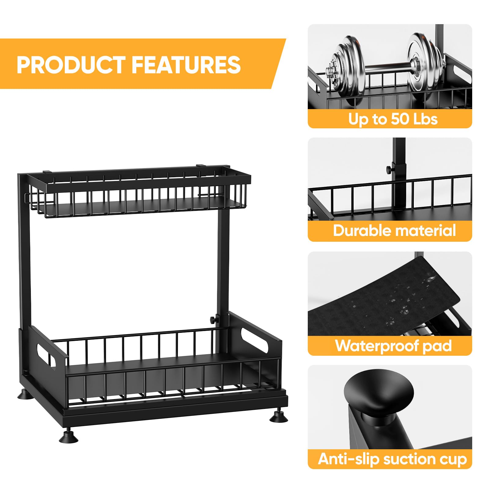 Saydear under-sink organizer measures 14.2 by 10.6 by 14.2 inches.