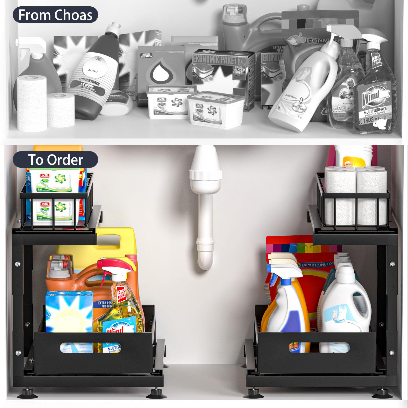Saydear adjustable-height under-sink rack fits around plumbing.